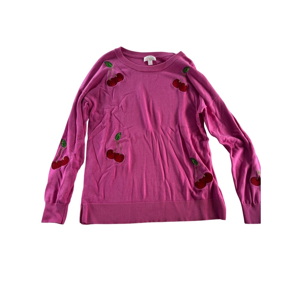 Bella Dahl Pink Cherry Embroidered Long Sleeve Knit Sweater Womens Size‎ S